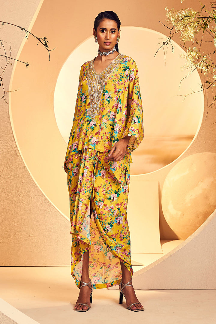 Yellow Big Floral Poncho Dhoti