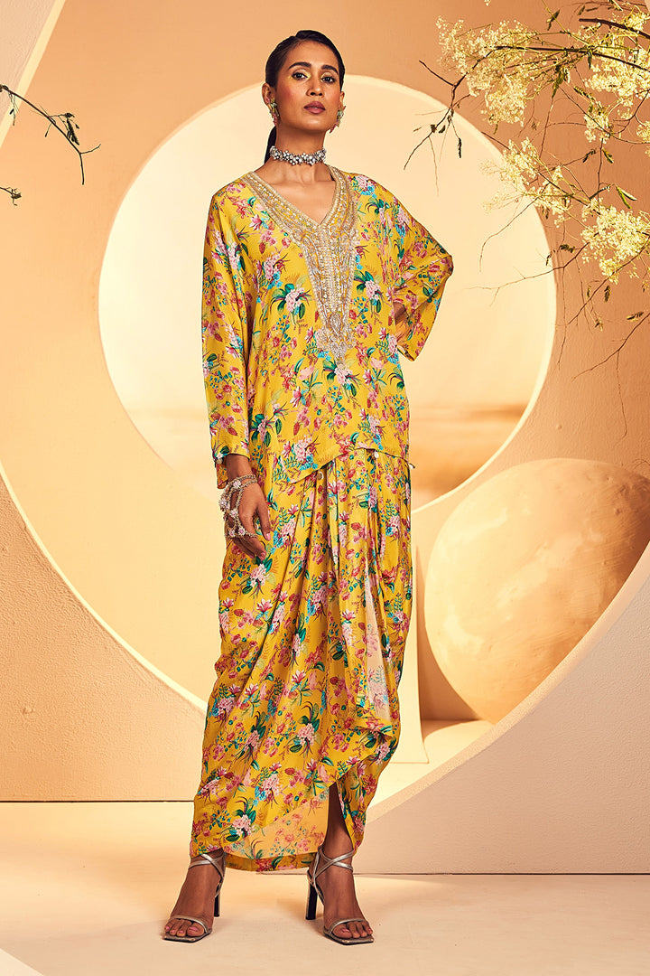 Yellow Big Floral Poncho Dhoti