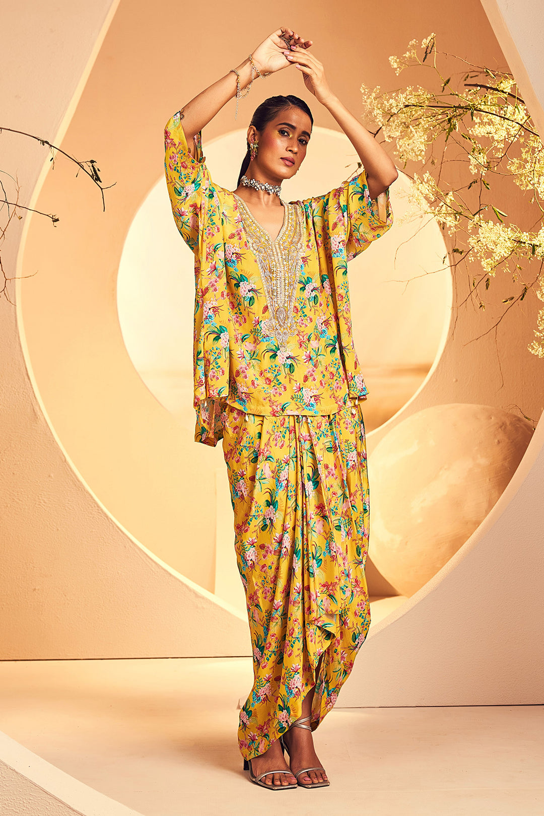 Yellow Big Floral Poncho Dhoti