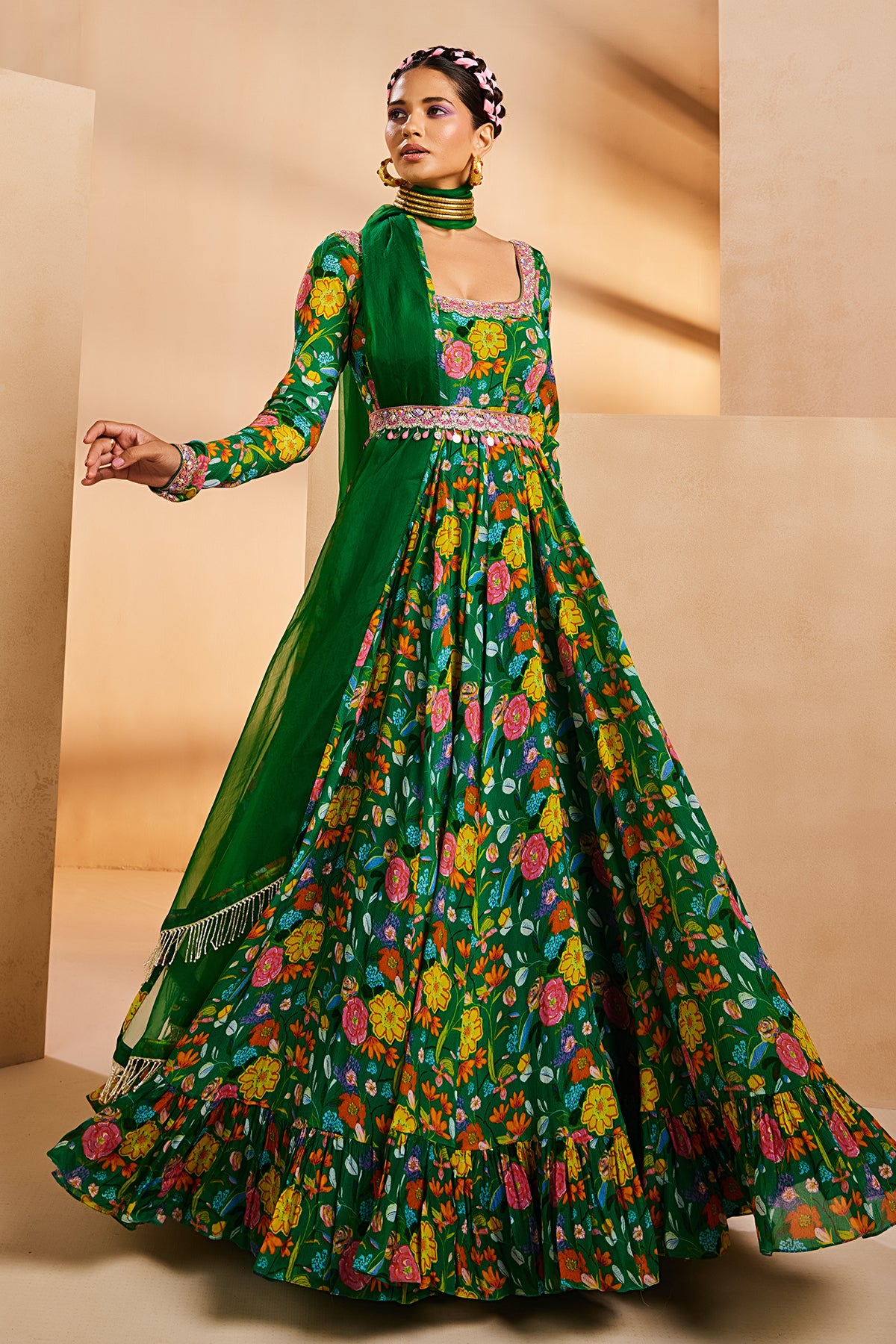 DESIGNER DARK GREEN PRINTED ORGANZA ANARKALI SUIT INDIAN SALWAR DRESS  BD2748 | eBay
