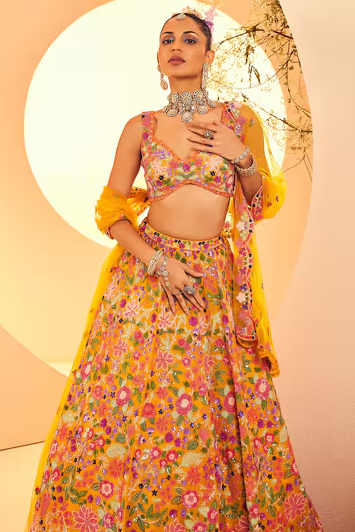 Dhvani Bhanushali in Yellow Organza Embroidery Bridal Lehenga Set