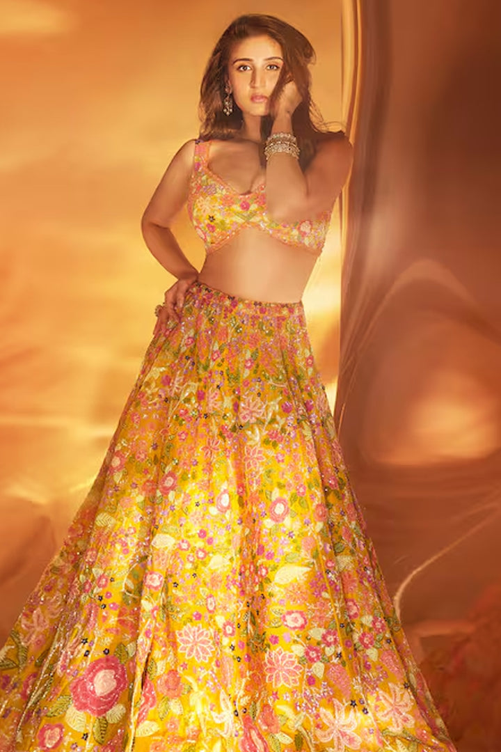 Dhvani Bhanushali in Yellow Organza Embroidery Bridal Lehenga Set