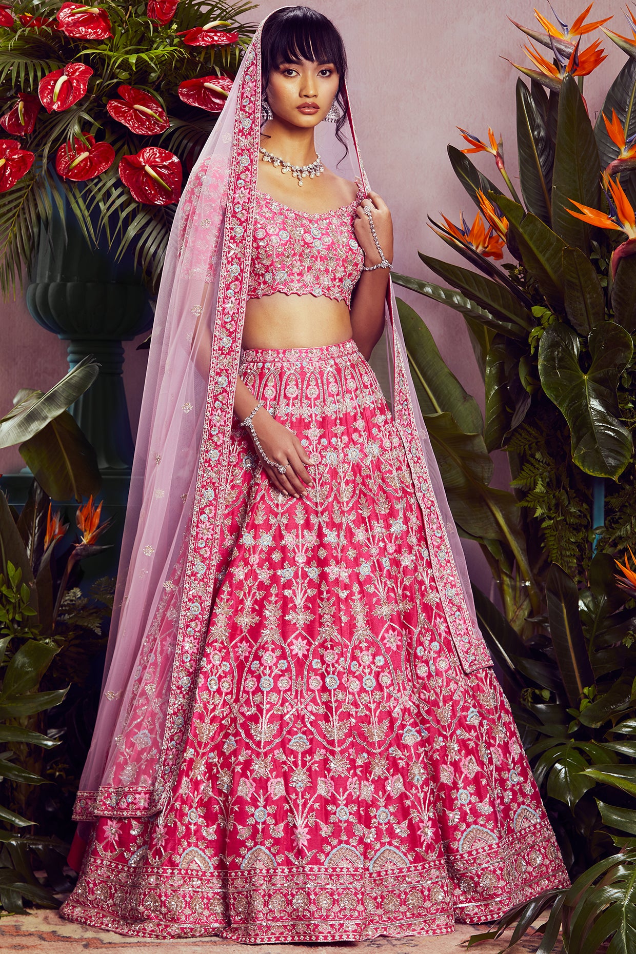 Embroidered Net Lehenga in Fuchsia : LSW34