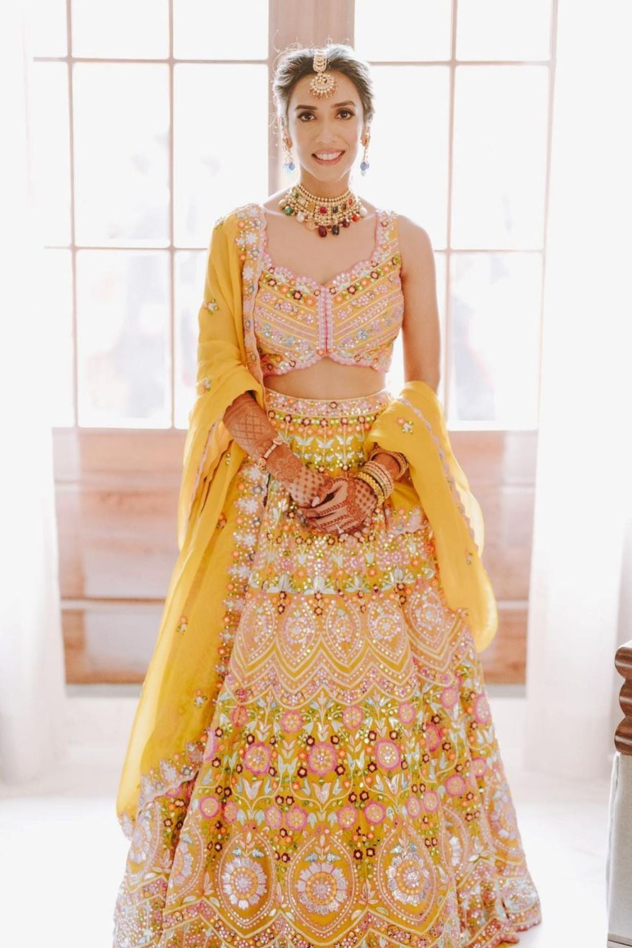 Sabyasachi Designer Yellow and Orange Floral Printed Wedding Wear Sati –  Cygnus Fashion