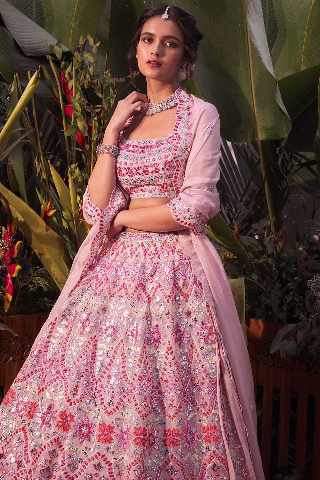 Lilac Multicolor Organza Lehenga Set