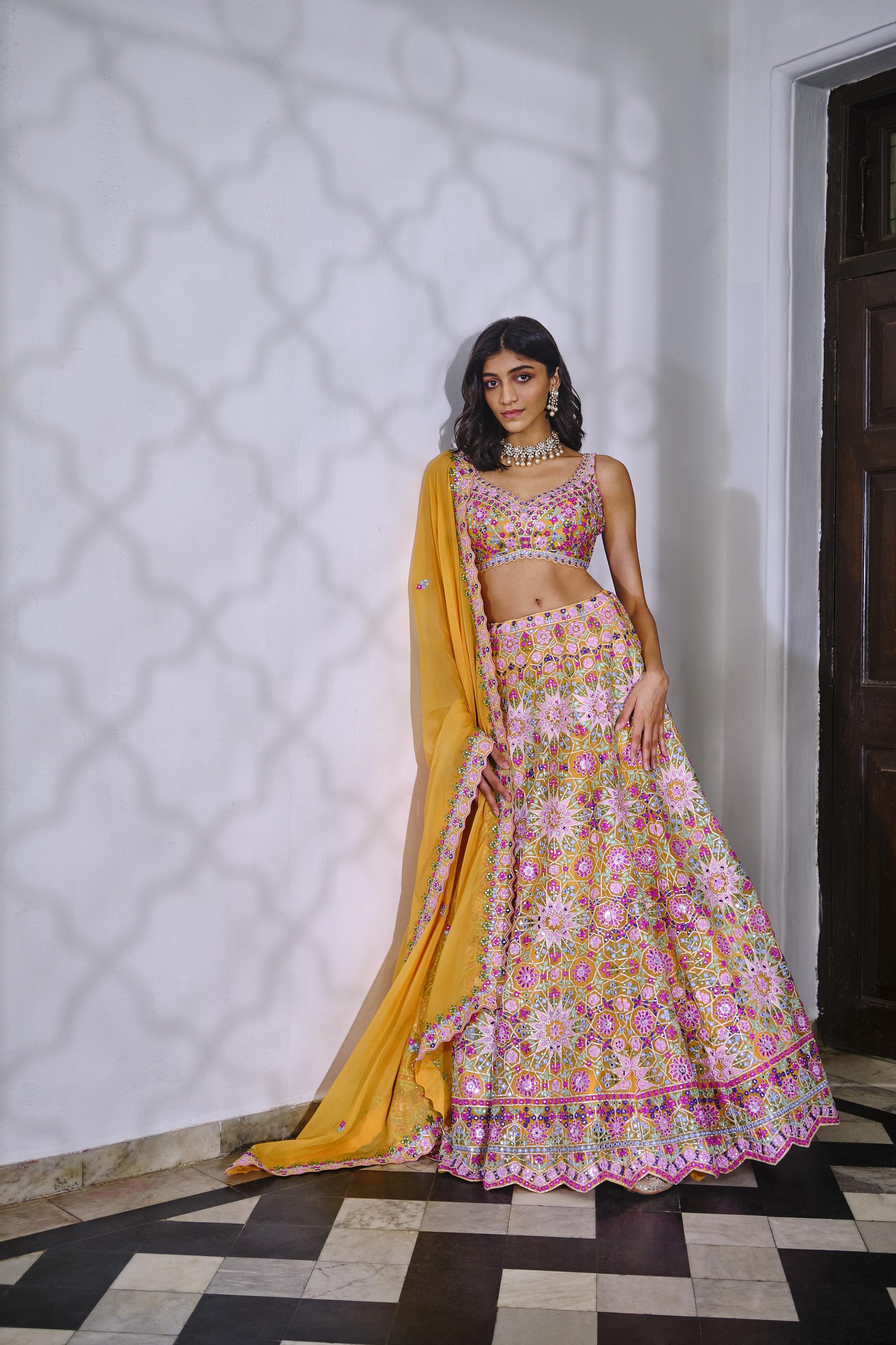 Blouse-Pink, Lehenga-Mustard Yellow, Dupatta-Mustard Yellow Boat neck  Lehenga set - Mivik