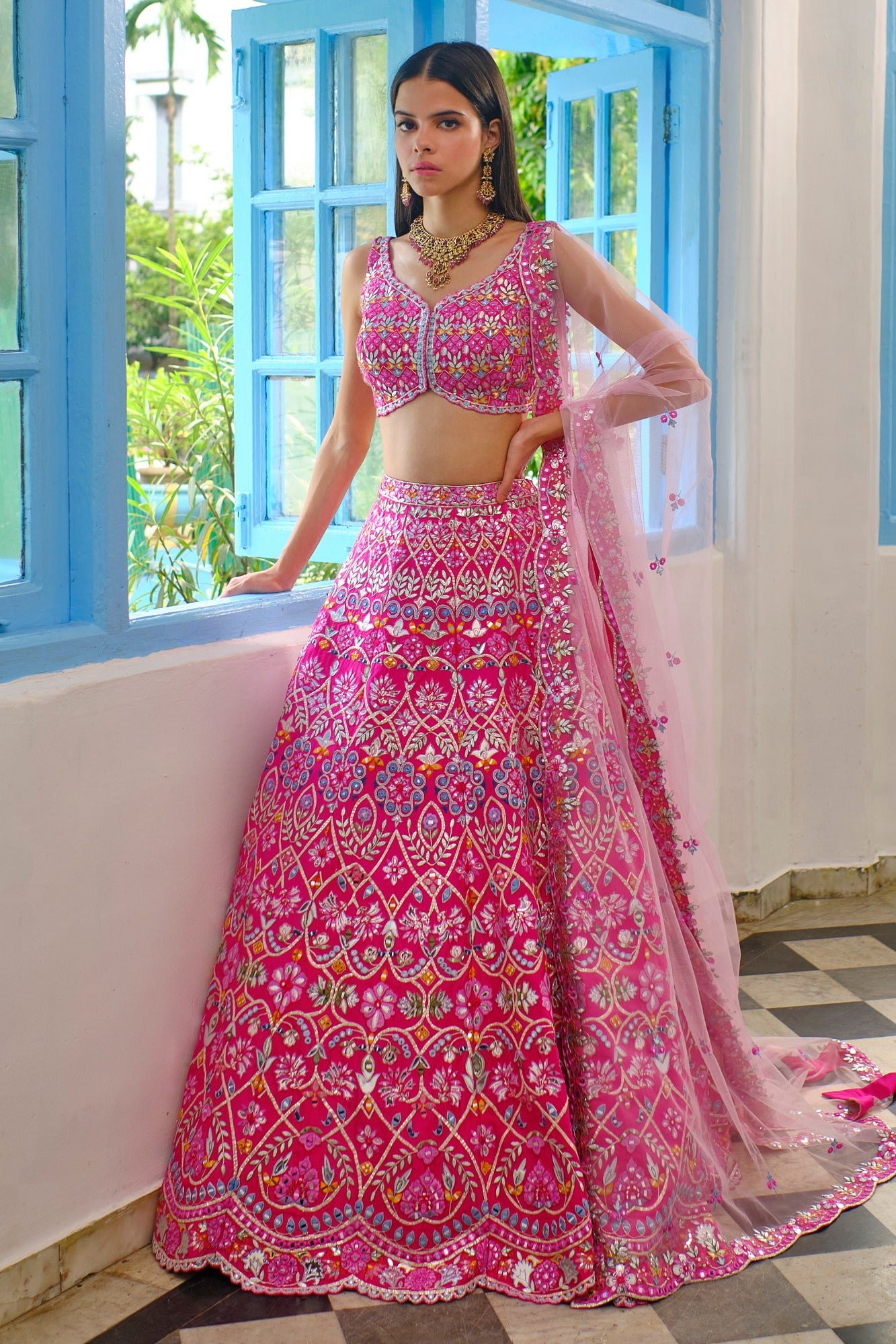 Hot Pink Floral Gota Lehenga – Aneesh Agarwaal