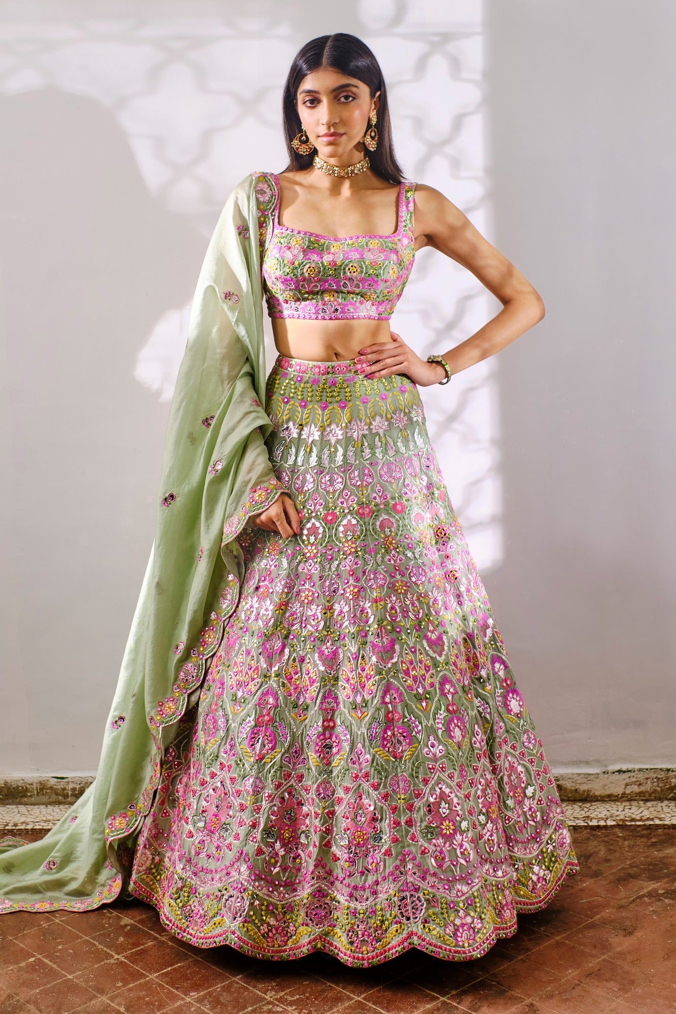 Designer Pink And Turquoise Green Lehenga Choli - Lehengas Designer  Collection