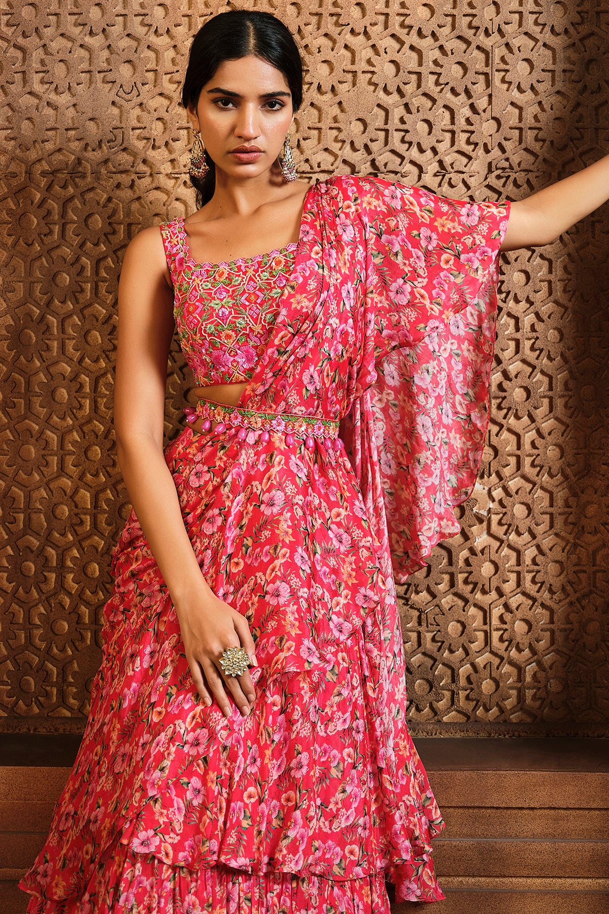 Party wear Floral Women's Lehenga Saree Red – mahezon