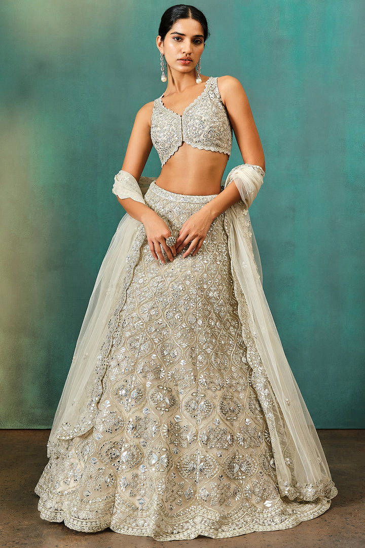 Ivory Floral Motif Net Lehenga